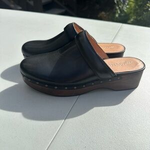 Black Leather Clogs with Wooden Sole